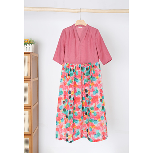 玲珑画/十木米原创夏款百分百苎麻印花拼接亚麻文艺清雅连衣裙