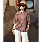 初见 圆领上衣T恤 亚麻文艺百搭休闲五分袖 十木米原创夏季 新款