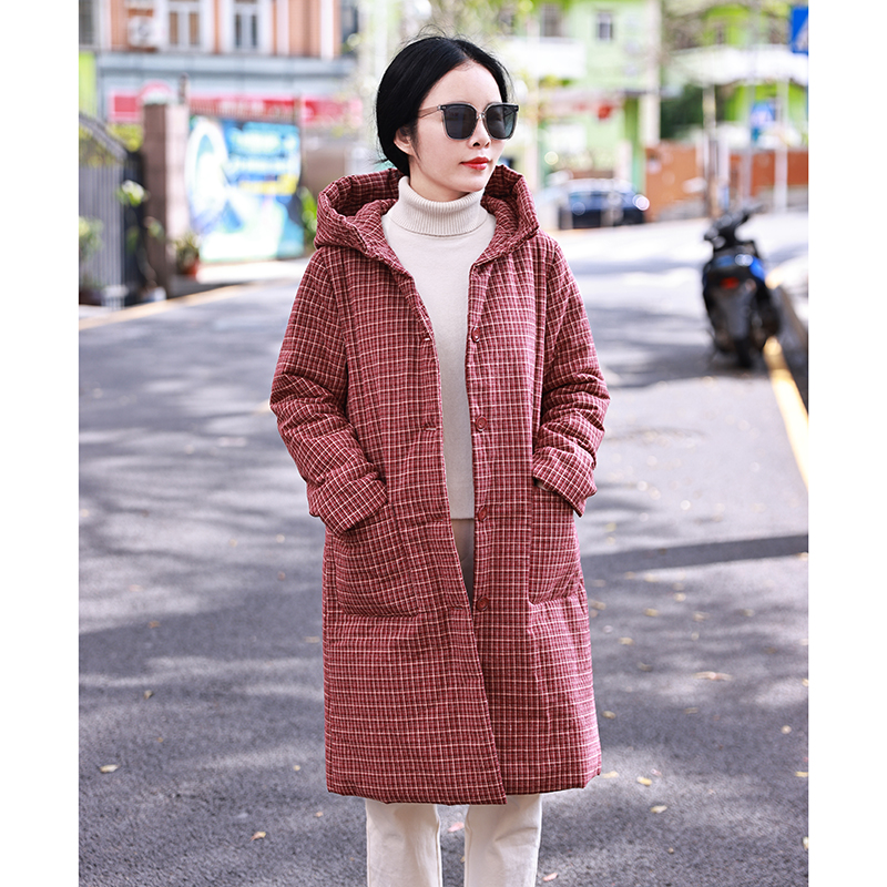 安然/十木米原创冬季新款色织格子全棉文艺百搭棉服外套