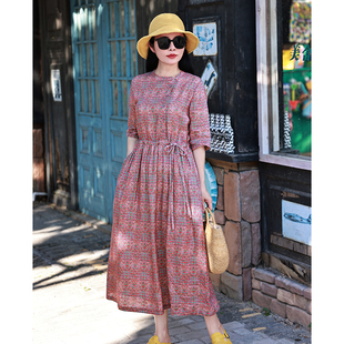 亚麻印花文艺显瘦连衣裙袍子 新款 四叶草 十木米原创设计夏季