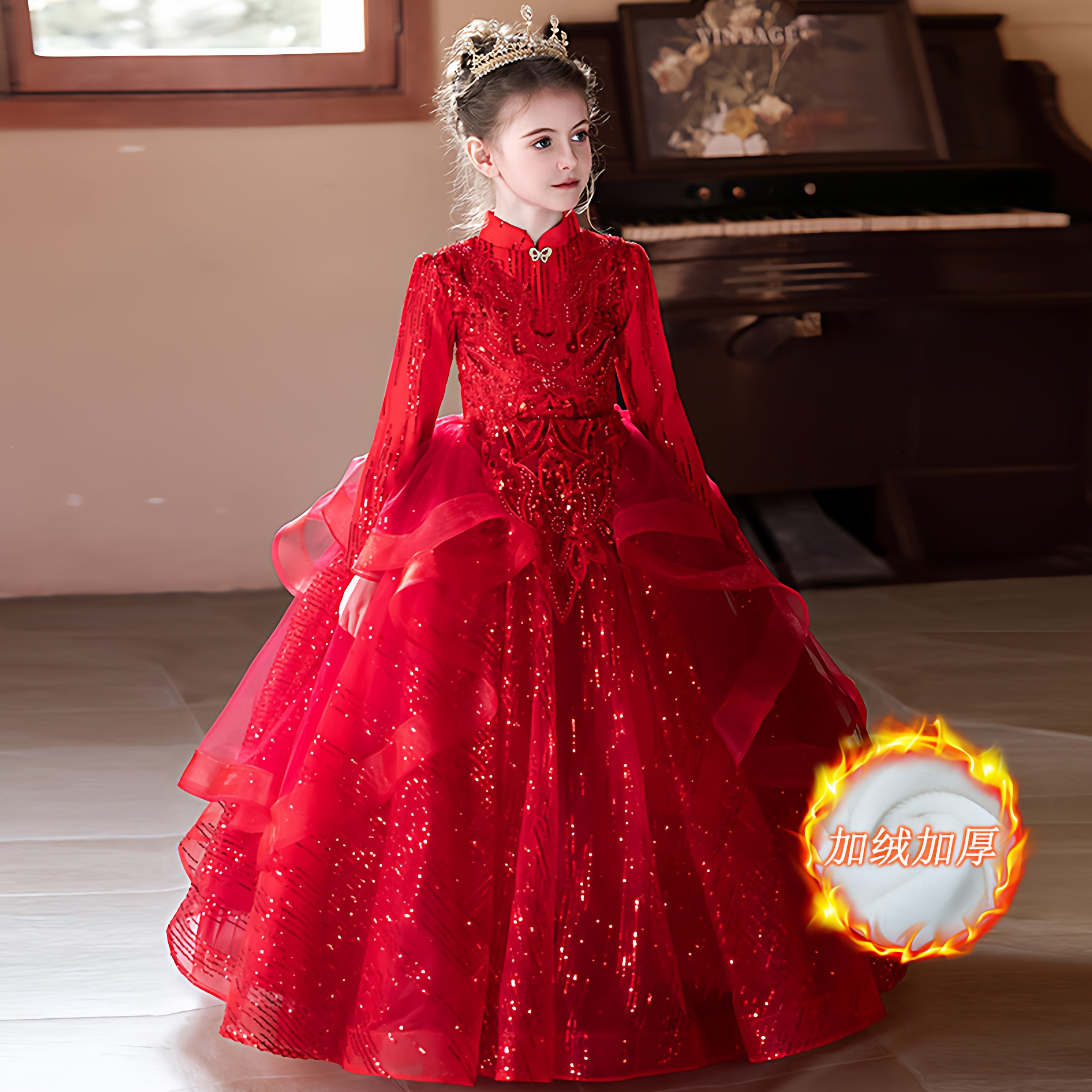 加大码红色女童红色新年礼服2026秋冬加绒加厚钢琴演奏演出公主裙