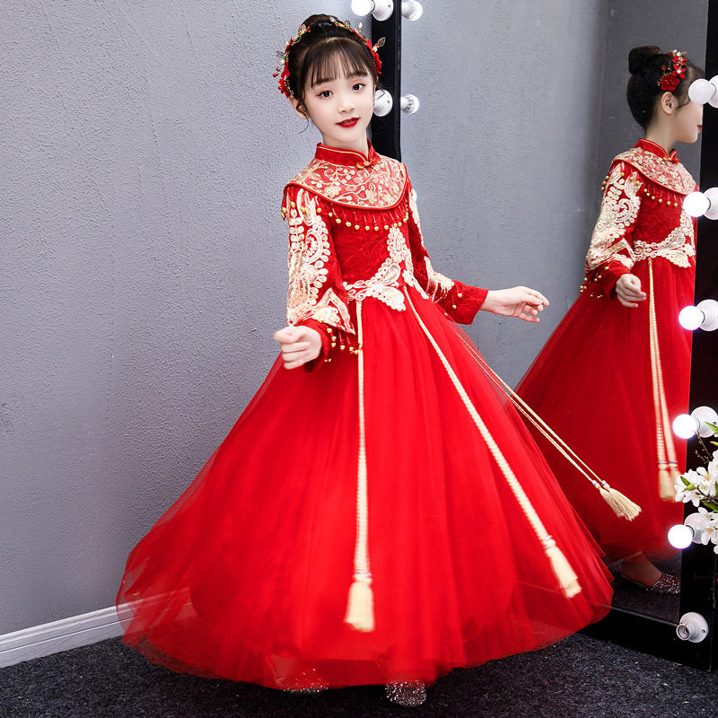 韩国女童旗袍年新款中国风儿童唐装古筝演出服女孩长袖秀禾服秋冬