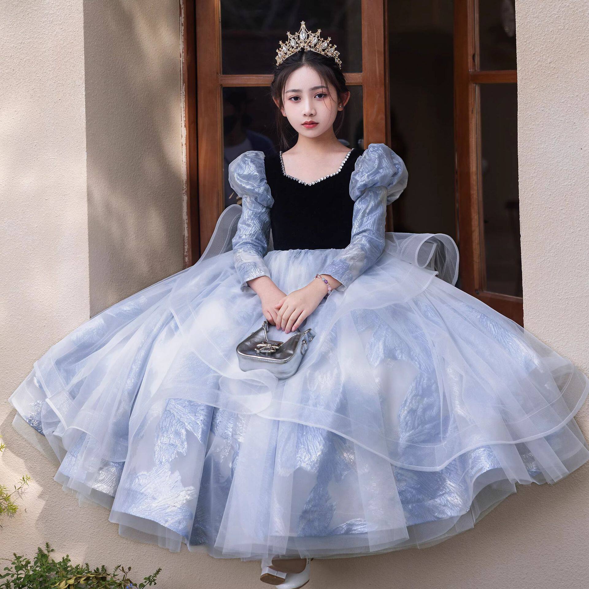 大码晚礼服秋冬长袖公主裙节日生日春节花童婚纱主持人钢琴演出服