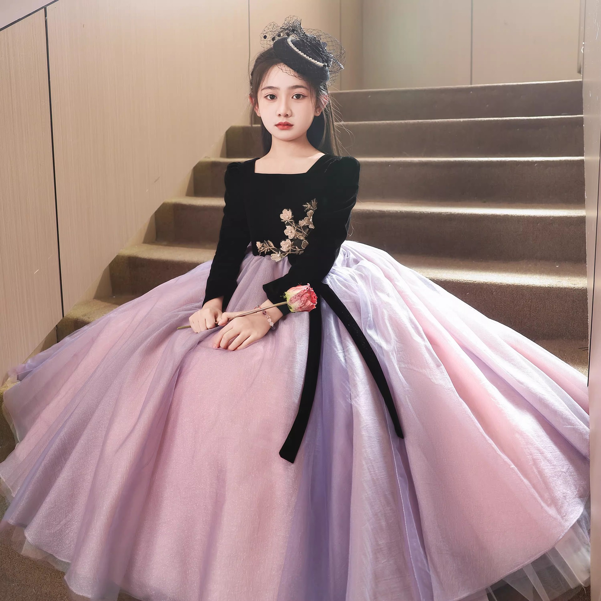 大码加肥微胖礼服花童古筝黑色长袖女童生日秋冬公主裙小提琴钢琴