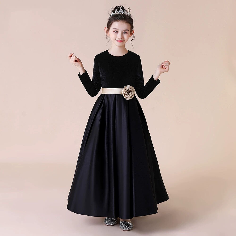 女童大码黑色礼服生日公主裙婚纱蓬蓬纱秋冬主持人古筝钢琴演出服图片