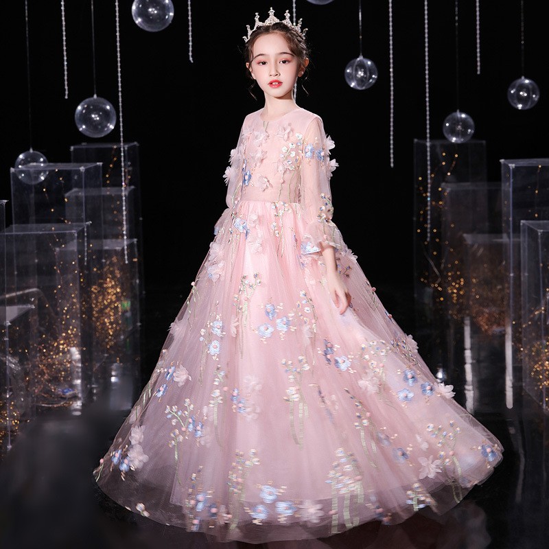 大码胖mm女大童礼服粉色连衣裙公主裙蓬蓬长裙生日走秀钢琴演出服