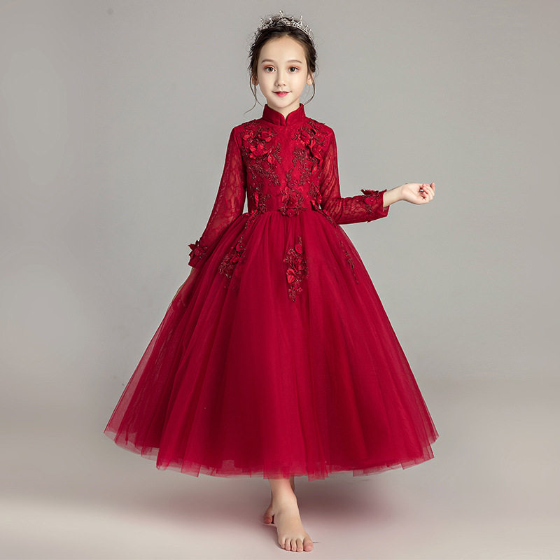 大码加肥微胖的女孩礼服婚纱红色长袖胖女童生日公主裙小提琴演奏