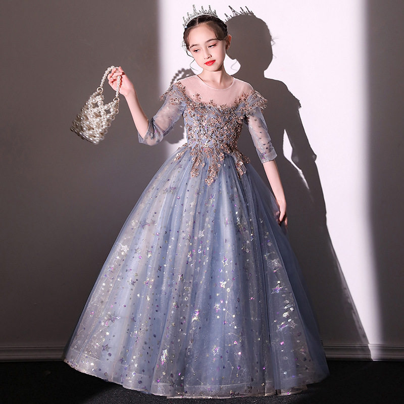 大码加肥礼服花童古筝女童生日2026秋冬蓝色公主裙走秀小提琴钢琴