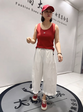 31005女权贵族2026夏新款加肥加大码女装立体剪裁松紧腰花边裤子