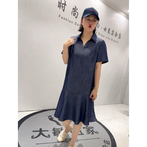 3172蓝鲸之吻夏季新款加肥大码女装通勤立体剪裁翻领休闲连衣裙子