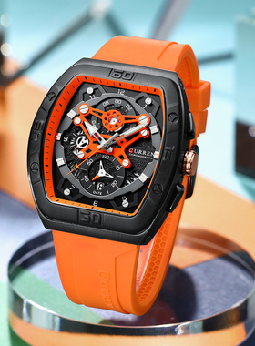 CURREN手表男款多功能计时防水夜光运动潮流个性酒桶型硅胶带腕表