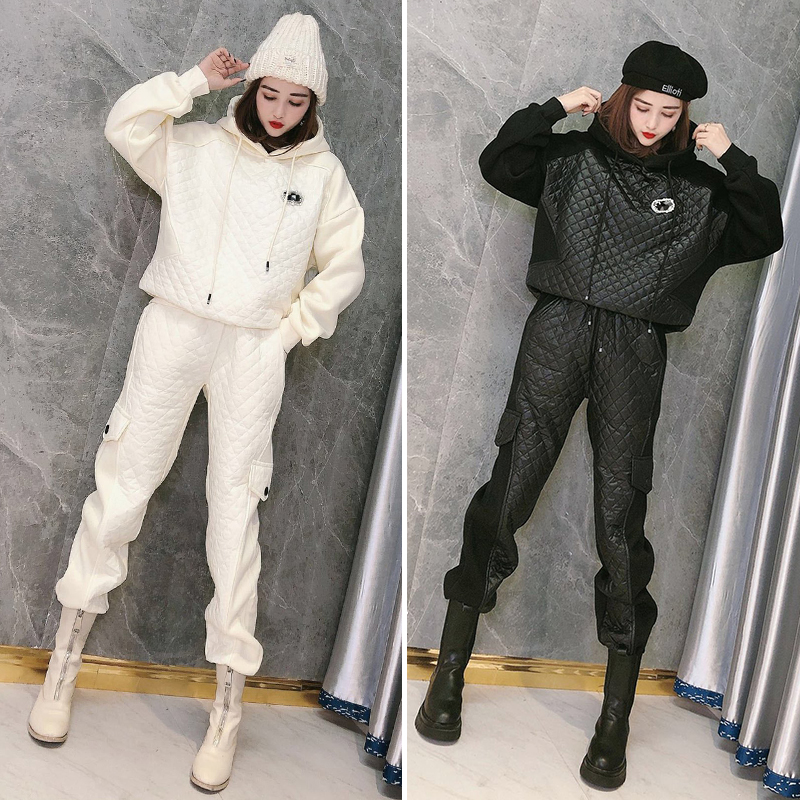 黑色套装棉服连帽卫裤运动加厚卫衣女2025新款爆春秋款加绒两件套