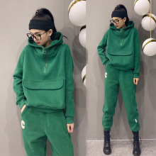 卫衣套装女加绒加厚2023新款秋冬季运动绿色裤子时尚高级感两件套