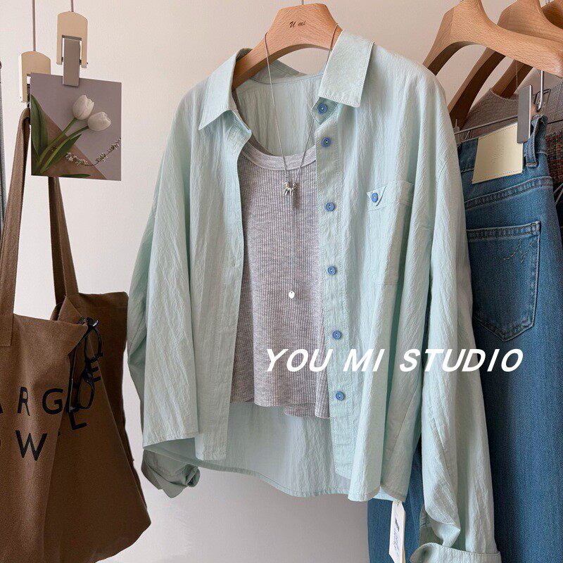 韩系松弛感三件套 衬衫＋吊带＋项链马卡龙色休闲宽松长袖衬衫女