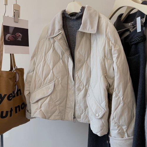 韩国插袋洋气灯芯绒翻领羽绒服