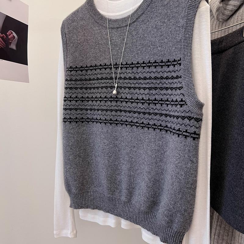 复古感菱形格全羊毛无袖坎肩马甲