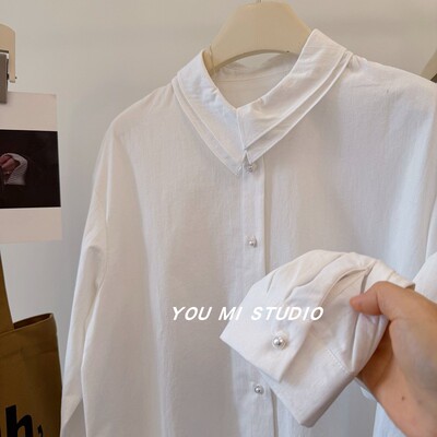 叠搭好手设计感双层领珍珠扣衬衫