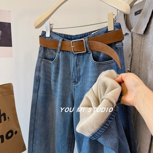 加绒保暖不臃肿！刺绣字母柔软舒适宽松直筒阔腿牛仔裤 拖地裤女