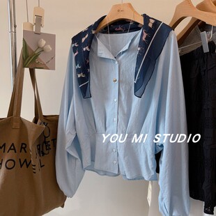 衬衫 轻奢通勤 下摆收腰显瘦天丝亚麻长袖 两件套 女 配丝巾＋衬衫