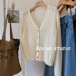 女 麦穗钩花镂空慵懒宽松V领纸片人针织开衫 韩国高品 28.8绵羊毛