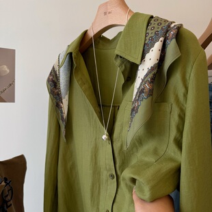 韩国高货 配丝巾百搭舒适气质通勤两件套长袖 衬衫 女 莱赛尔＋亚麻