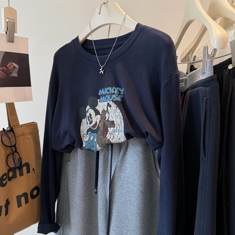 韩式印花磨毛厚实慵懒宽松T恤女