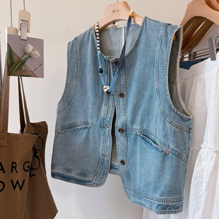 配项链 水洗薄面料圆领叠穿两件套马甲上衣女 度假风日系牛仔马甲