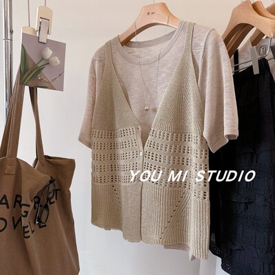 慵懒随意镂空吊带短袖针织衫上衣