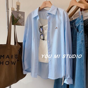 翻领咖啡杯刺绣宽松条纹衬衫 松弛感法式 女 去班味 韩国早春new