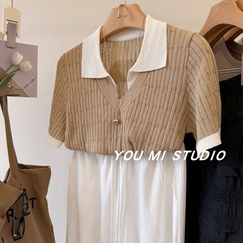 休闲主义！韩国假两件翻领 冰麻舒适透气polo领短袖麻花针织衫女