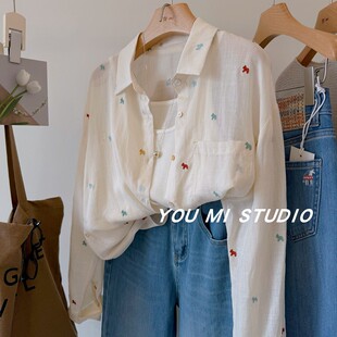 女 韩系清新减龄轻薄微透苎麻防晒衬衫 微甜轻氧系 彩色小马刺绣