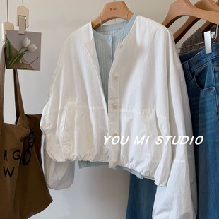 夹克外套女春 休闲短款 店主自留 韩国棉极简宽松圆领单排扣灯笼袖