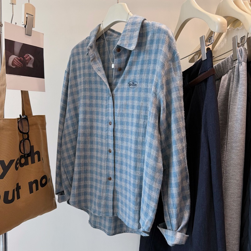 韩国磨毛蓝灰色配色格子衬衫