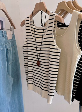 自留三件！万搭款 U领条纹冰丝显瘦遮肉内搭无袖针织背心吊带女