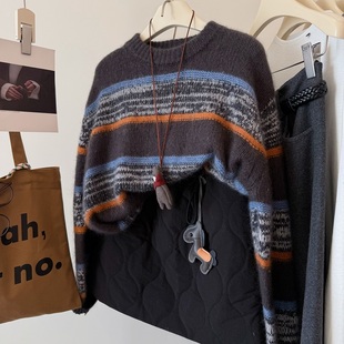 复古慵懒山羊绒毛衣 温暖厚实宽条纹圆领套头绵羊毛毛衣 配色绝了