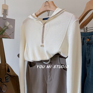 女 帽衫 韩国2026new %30细羊毛柔软细腻拼色连帽显瘦宽松针织衫