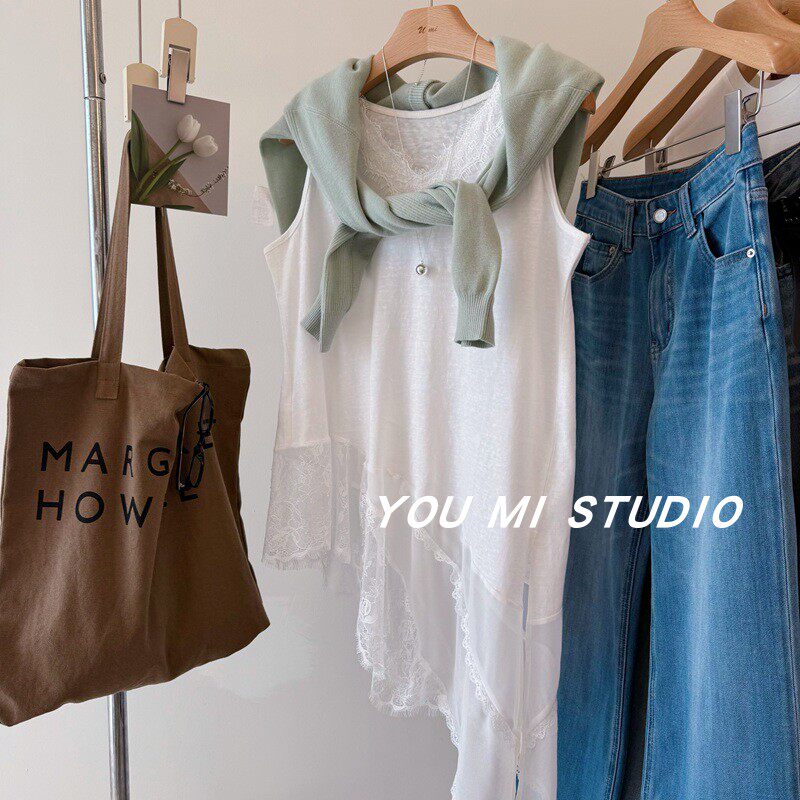 韩国 内搭神器 蕾丝边V领拼接 不规则斜边内搭中长款吊带背心T恤