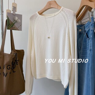 休闲针织衫 薄款 女 韩货高品极简高级圆领套头羊毛插肩袖 巨推荐