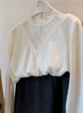 蕾丝毛衣！仙仙气质 半高领蕾丝花边拼接 软糯舒适羊毛针织衫女