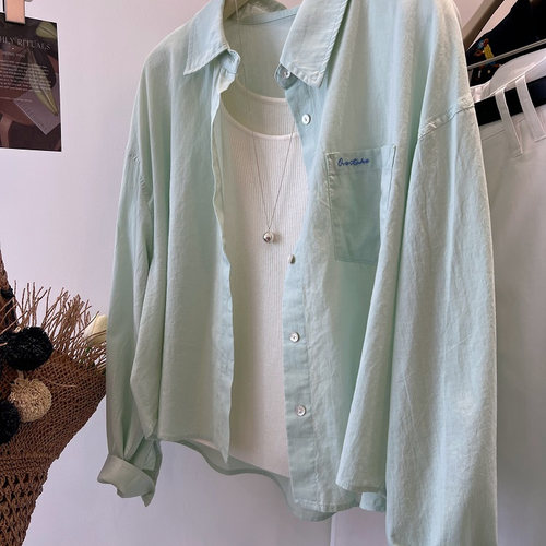 韩系减龄刺绣字母口袋宽松衬衫