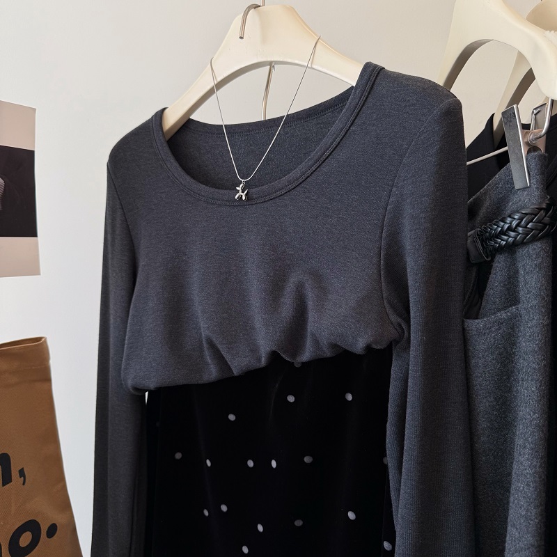 韩国后吊坠内搭暖暖衣大U领t恤