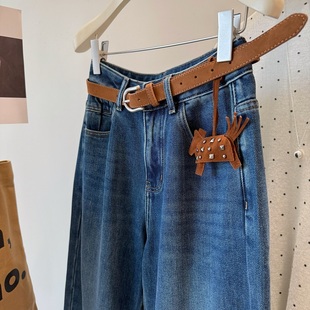 长裤 立显大长腿 女 磨毛拉绒配腰带显瘦高腰直筒牛仔裤 小马挂件