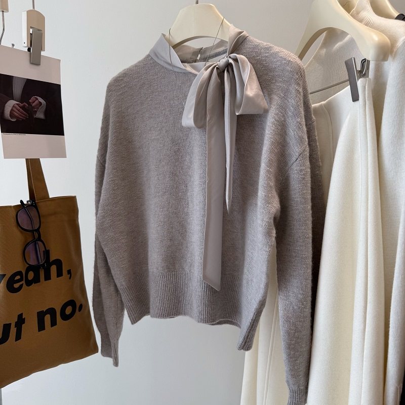领口丝绸绑带蝴蝶结绵羊毛毛衣
