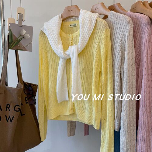 心动一组色系亚麻莱赛尔麻花开衫