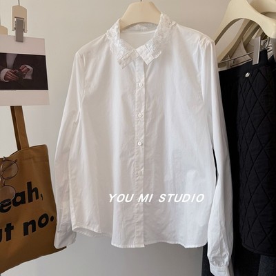 韩国早春可翻领可立领蕾丝边衬衫