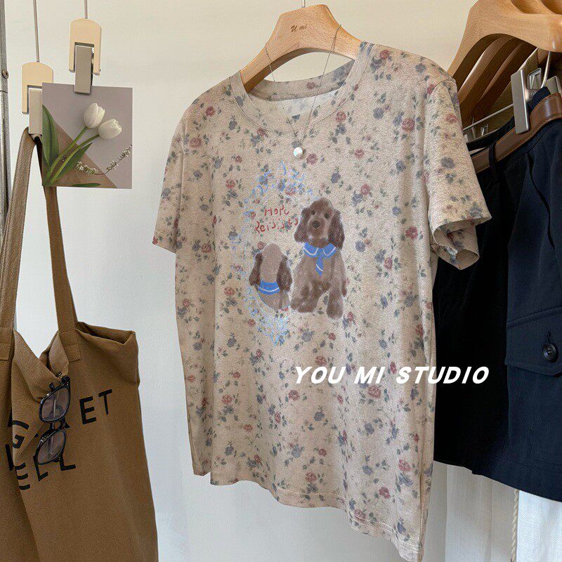 韩系小众~蓝领结狗狗印花 复古碎花显瘦短袖t恤女夏季凉感薄上衣