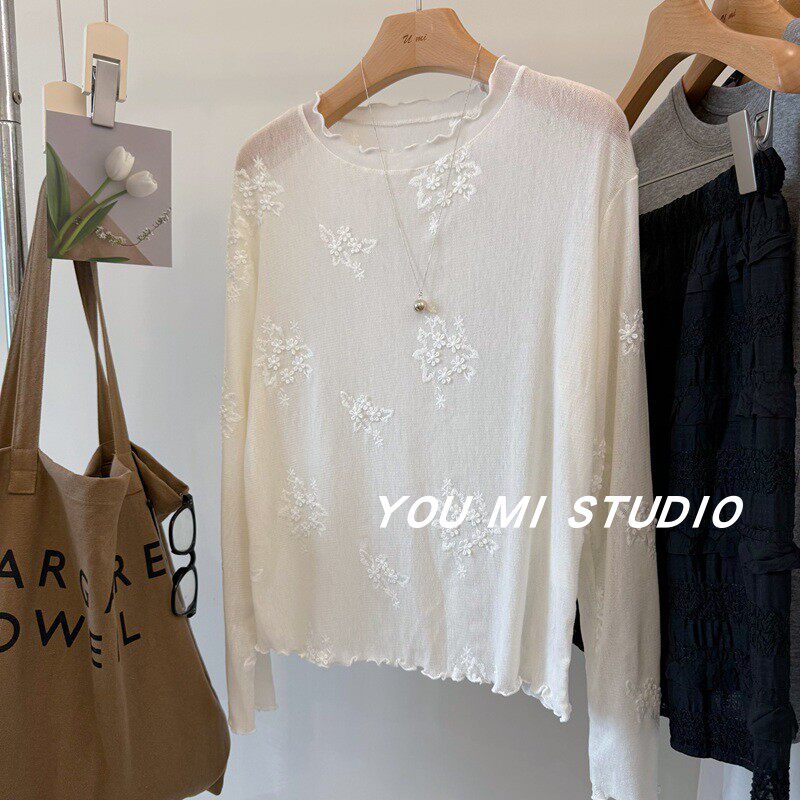 灵魂叠穿！木耳花边领 立体刺绣钩花禾子纱透视内搭长袖蕾丝小衫