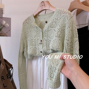 针织开衫 法式 透视长袖 %30绵羊毛方格镂空钩花圆领薄款 外套女 轻奢