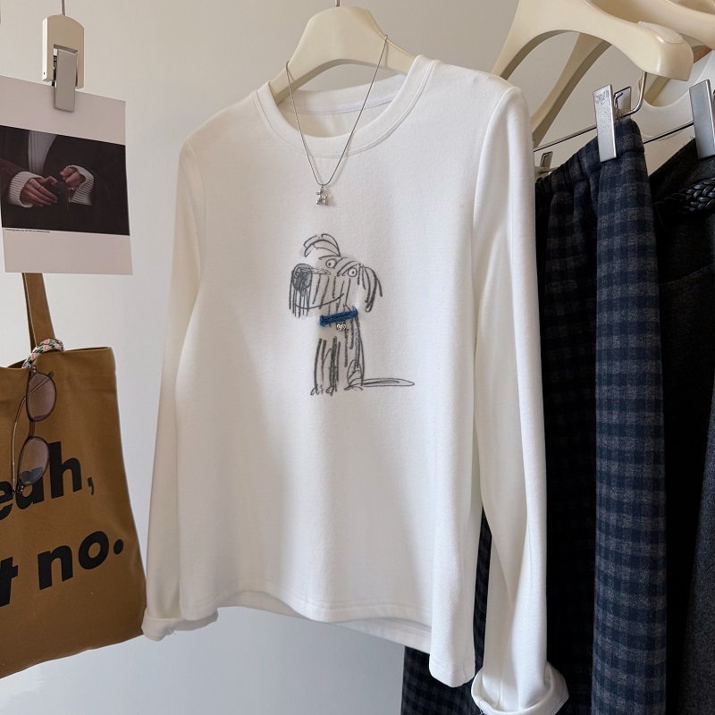 虚线小狗吊坠磨毛发热合身版T恤