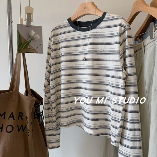 复古ins风软软条纹T恤胸前贝壳t